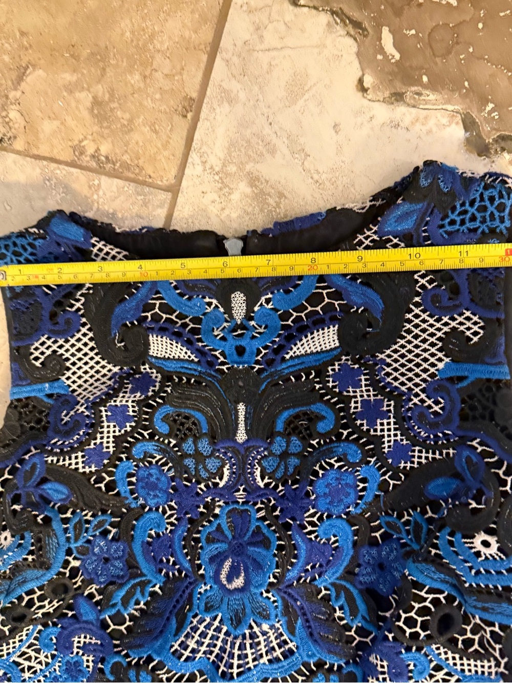 Badgley Mischka Blue Patterned Lace/Mesh Overlay Midi Sheath Dress - Picture 12 of 12
